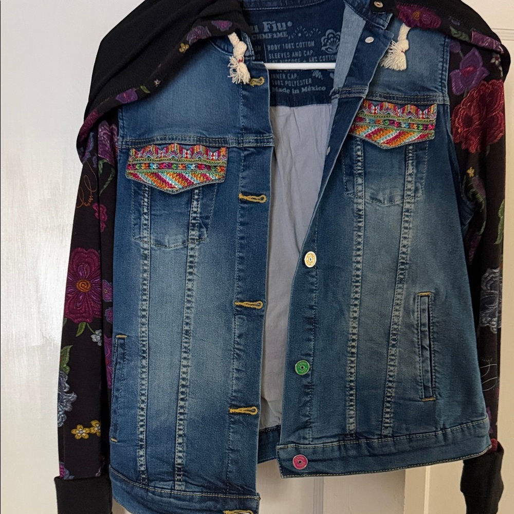 Embroidered Denim Jean Jacket with Floral Sleeves